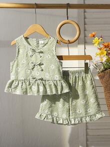 2pcs Girls Daisy Print Green Plaid Top And Pants Set, Summer - Green - View 3