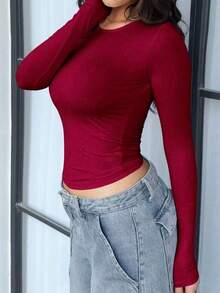 Elegant & Versatile Women's Crew Neck Long Sleeve Ruched Fitted Slim Fit T-Shirt, Suitable For Summer And Autumn/Winter Seasons Casual Spring - Burgundy - View 5