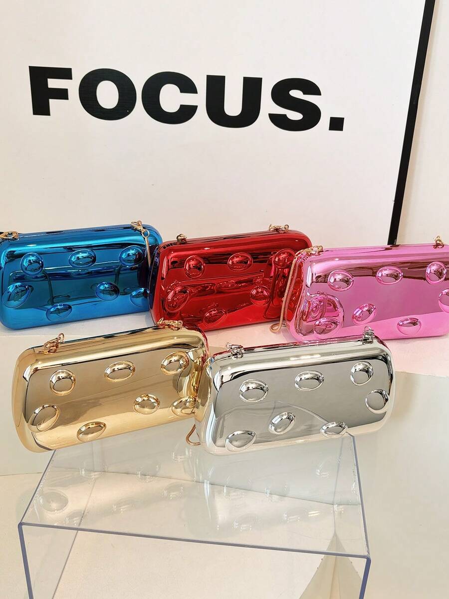 Avant-Garde Shiny Evening Clutch Bag, Metallic Finish Women's Party Box Bag With Metal Chain Strap, Suitable For Parties And Nighttime Events