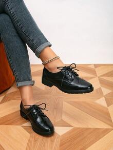 女士英伦风雕花系带牛津鞋，学院风 - 黑色 - 查看 3