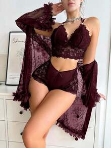 Ladies' Lace Sleepwear Set Pajama Set - 紫紅色 - 查看 2