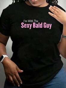 Summer Tops, I'M With The Sexy Bald Guy Graphic Tees, Summer Outfits For Women, Cotton Tee Shirt Women'S, Summer ClothesT-Shirt- Oversized Casual Short Sleeve Round Neck Tee, Soft Breathable Fabric - màu đen - Xem 7