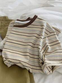 Kaos Wanita Lengan Pendek Bergaris Leher Bulat, Pakaian Sehari-hari Dasar, Potongan Ramping. Cocok untuk Pakaian Kasual dan Liburan Musim Panas. - Aprikot - View 7