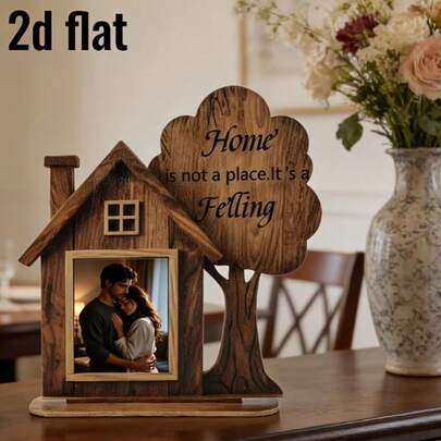 2D平面波西米亚风格房屋造型相框装饰摆件 - 个性化桌面装饰，适用于家庭/办公室、前台展示，可用作生日、婚礼、情人节、乔迁礼物 - 不对称2D平面设计