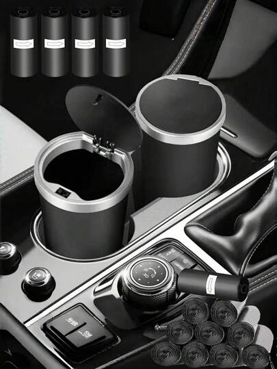 1Pc Portable Car Cup Holder Trash Bin, 60Pcs Disposable Bags Leakproof With Lid, Universal Vehicle Storage Organizer For Small Waste, Fits Most Cars SUVs Trucks Interior, Commuters & Road Trippers, Practical Space-Saving Car Accessory