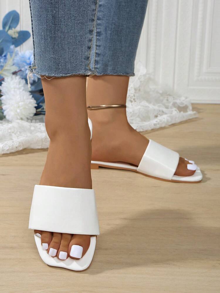 Sandalias de mujer, nuevas sandalias blancas de verano, chanclas planas minimalistas y versátiles, sandalias tipo slide con tira para playa y resort - Blanco - Añade 6