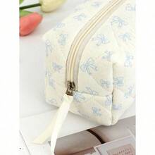 Cute Bow Make Up Bag Cute Bow Knot Pattern Toiletries Bag Travel Make Organizer Zipper Pouch, Quilted Cosmetics Bag, Stylish Foldable Commuter Makeup Bag For Brushes Aesthetic Cosmetic Bag For Gift, Friend, Girls, Student Quilted Floral Flower Zippered Makeup Bag Cute Floral Cosmetic Bag With Zipper Gift Storage Jewelry Organizer Box Bathroom Set Valentines Back To School Supplies - 藍色 - 查看 6