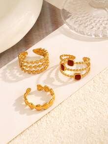 3件套不锈钢18K镀金红色珐琅心形和球形戒指套装，适合女士日常佩戴 - 彩色 - 查看 4