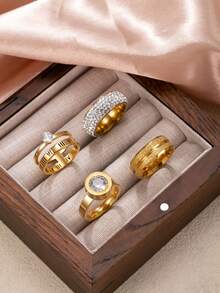 Bộ 4/5 chiếc nhẫn thời trang thanh lịch kiểu Pháp lãng mạn, mạ vàng 18K, thép không gỉ hai lớp mờ, đính đá Cubic Zirconia hai hàng, nhẫn nữ kiểu La Mã, quà tặng cho người yêu, mẹ, thích hợp đeo hàng ngày. - Bộ 4 nhẫn chữ số roma mờ - Xem 38