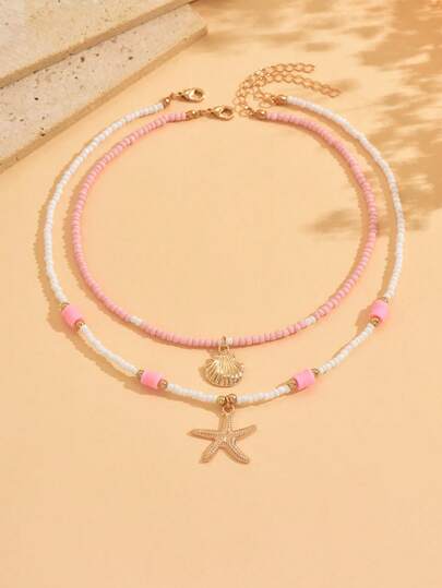 2pcs Girls' Summer Cute Beach Style Shell & Starfish Alloy Pendant Necklace Set With Double-Layer Seed Beads, Versatile For Beach Vacation, Bead Placement Random