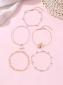 5pcs Delicate Starfish & Mermaid Tail Pendant Bead Chain Multilayer Anklet, Suitable For Teenagers And Daily/Vacation Wear, Random Bead Quantity - Multicolor - View 1