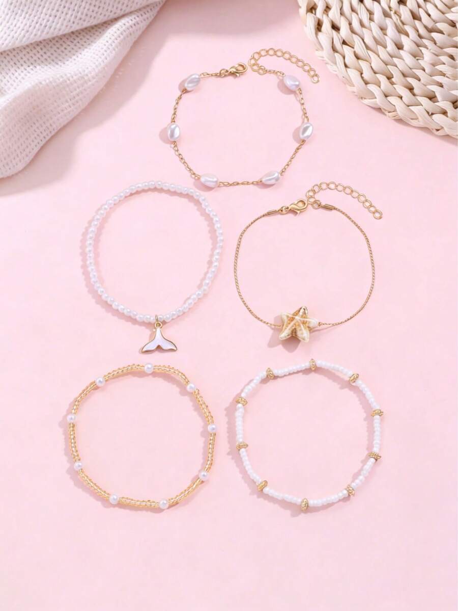 5pcs Delicate Starfish & Mermaid Tail Pendant Bead Chain Multilayer Anklet, Suitable For Teenagers And Daily/Vacation Wear, Random Bead Quantity - Multicolor - View 1
