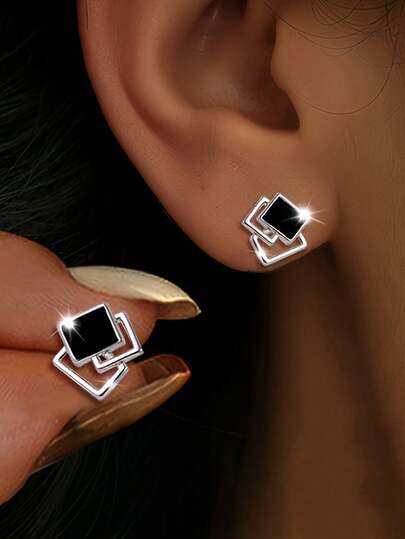 1 par de pendientes de lujo minimalistas y elegantes con diseño geométrico cuadrado para mujeres
