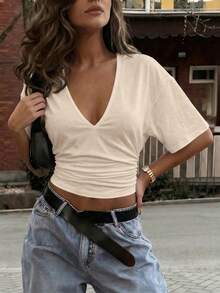 Sexy Casual Y2K Pleated Waist V-Neck Slim Fit Blouse, Suitable For Daily, Work, Date, Party Wear Summer - Apricot - View 2