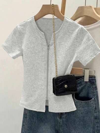 Damen Lässig Fitted Doppel-Reißverschluss Strick Top, Alltags Alltag Outfit, Streetwear