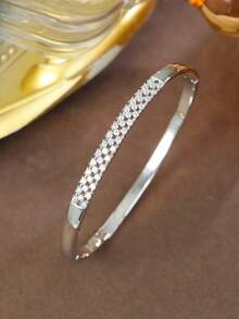 1pc S925 Silver Minimalist Bracelet, Inlaid With 5A Zirconia, Hollow Design, Lustrous And Sparkling, Suitable For Daily Commute, Dating, Valentine's Day, Eid, St. Patrick's Day, Carnival - Silver - View 2