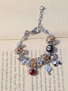 1pc Back To School Leopard Print Bear Charm Bracelet, Street Fashion Star Bracelet, Graduation Doctoral Cap Bracelet, Renaissance Style Bear Bracelet, Dark Skeleton Charm Bracelet - Silver - View 7