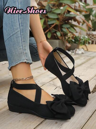 Women's Bow Tie Criss-Cross Strap Wedge Heel Slip-On Shoes, Sweet Casual Style Suitable For Daily Commute, Shopping, Hangout With Friends, Leisure Outings. Available In Rose Red Bow Tie, Black Bow Tie, And Black Woven Bow Tie Criss-Cross Strap Wedge Heel Slip-On Shoes