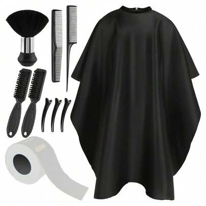 10-In-1 Hairdressing Cape Set, Includes Neck Duster Brush, Haircutting Brush, Neck Wrap, Hair Comb, Hair Clips And Other Accessories, Professional Salon Cleaning Supplies, Suitable For Hairstyling (Black). Gift For Her/Gift For Him/Romantic Gift/Love Gift/Couple Gift/Valentine's Day Gift.