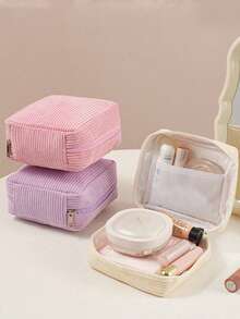 1 pieza Bolsa portátil de almacenamiento de toallas sanitarias de pana, bolsa con cierre de cremallera para productos menstruales, organizador de tampones de pana suave, bolsa con gran capacidad para artículos de higiene femenina con forro, caja de almacenamiento de toallas sanitarias minimalista y de moda, adecuada para viajes, bolso, escritorio de oficina, bolsa de gimnasio, transporte diario, organización de artículos esenciales de trabajo - Multicolor - Ver 4
