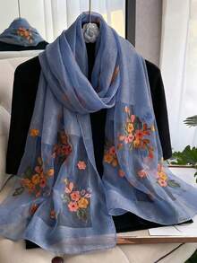 1pc Women's Elegant Hollow Faux Pearl Plaid Pattern Silk Scarf, Printed With Beautiful Flowers, Solid Color Shawl, Casual Headscarf And Neck Scarf, Suitable For Daily Wear And Summer Beach Sun Protection, Perfectly Matches Dresses, Suitable For All Seasons - Multicolor - View 8