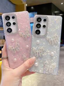 闪亮极光水钻蝴蝶珍珠激光心形贝壳图案手机壳，兼容三星 Galaxy S26 Ultra S25 Ultra S24 Ultra S26 Plus S25 S24 Plus，奢华摄像头镜头保护，防震防摔，柔软后盖 - 粉色 - 查看 2