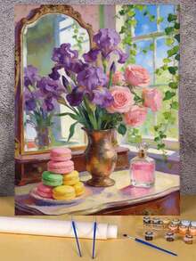Natura morta con iris viola e rose rosa, macarons e bottiglia di profumo, pittura ad olio fai-da-te per numeri su tela, artigianato, decorazione domestica per adulti, 40x50cm/16x20 pollici, regali per le vacanze - 40*50 cm - Visualizzare 3