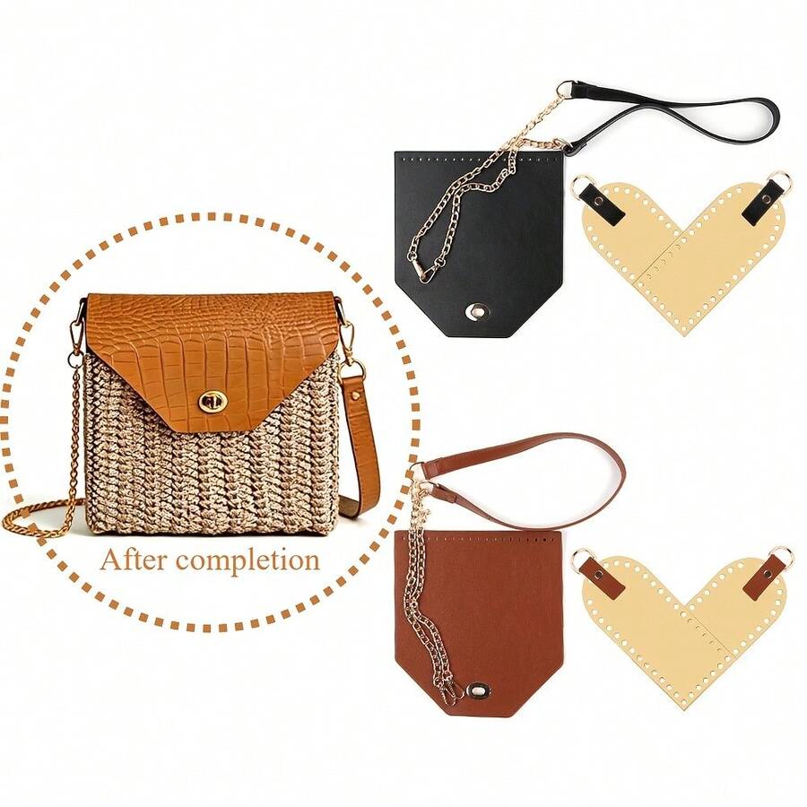 6件套钩针编织包DIY套装，包含PU皮革底、肩带、带扣和按扣的翻盖、包边和五金配件，适合初学者，可用于DIY钱包制作，包含钱包制作配件、手工女士钱包、钱包制作用品和材料。 - A - 查看 1