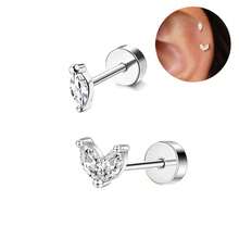 SENLANSP 2 đôi bông tai đinh tán hình chữ V bằng thép không gỉ đính đá CZ và 1 đôi bông tai vòng nhỏ hình lá và trái tim đính đá CZ, unisex, thích hợp để đeo hàng ngày và làm quà tặng. - 2 chiếc - Xem 6