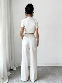 Bộ áo sơ mi và quần dài nữ màu trơn thanh lịch, kiểu dáng giản dị, có cúc và túi, thích hợp cho kỳ nghỉ, dạo phố, đi làm mùa hè. - Màu be - Xem 3