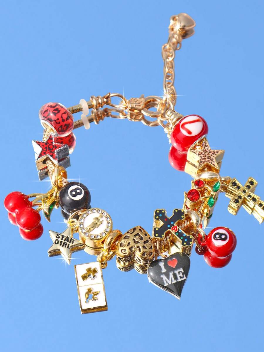 1条“爱自己”字母吊坠手链，1条深色十字架樱桃手链，1条星星女孩樱桃手链，1条宗教十字架手链，1条心形樱桃手链