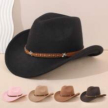 1 pezzo Cappello da cowboy in denim rosa stile Y2K, cappello da cowboy in feltro da donna con decorazione a stella, fascia in pelle, adatto per festival musicali e feste - 1 pezzo - Visualizzare 6