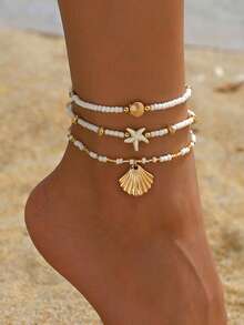3pcs Starfish & Shell Beaded Anklet, Versatile Summer Beach Vacation Style, Unique High-End Layered Anklet For Teens & Women - Multicolor - View 5