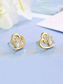 1 Pair Elegant Cubic Zirconia Inlaid Heart-Shaped Animal Paw Print Earrings, "Love And Pets" Themed Earrings, Suitable For Birthday, Anniversary, Valentine's Day Gifts - Gold - View 4