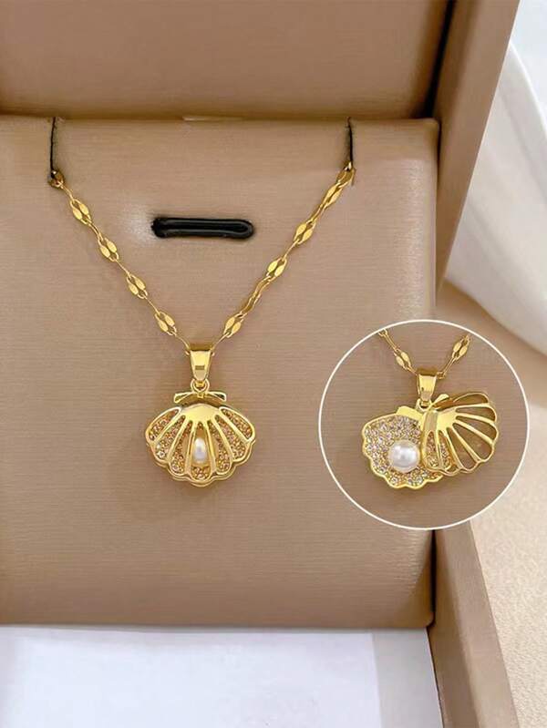 1件不锈钢奢华微镶锆石贝壳项链，优雅时尚