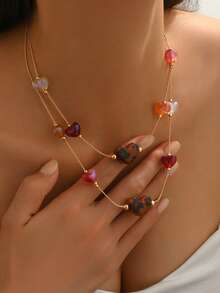 1 pieza Collar elegante y de moda con doble capa de cuentas con forma de corazón, estilo bohemio - Multicolor - Ver 2