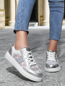 2026年春季新款系带银色休闲运动鞋，透气平底百搭鞋 - 銀色 - 查看 1