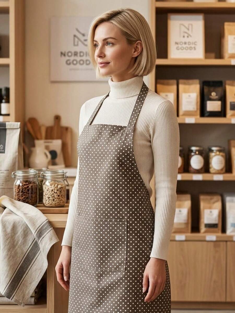 1件简约卡通可爱围裙，时尚厨房围裙，韩式可爱别致定制腰围围裙 - TJ-圓點灰-單口袋WQ - 查看 1