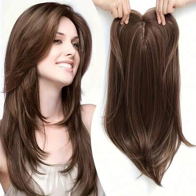 Pieza superior de cabello ondulado para mujeres - Fibra sintética de aspecto natural, pieza con clip invisible para cabello ralo y cobertura de canas