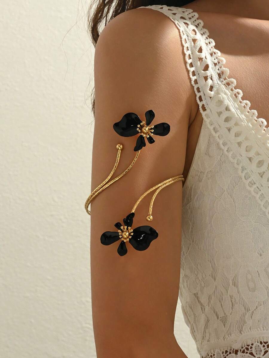 1pc Women's Metal Flower Design Fashion Unique Arm Cuff, Suitable For Daily Wear - Black - View 1