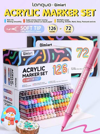 LANGUO 126/72 Colors Soft Tip Acrylic Marker Set | Quick Dry & Waterproof | For Black Paper, Rock Painting, Wood, DIY Crafts | Art Markers For Teens & Adults