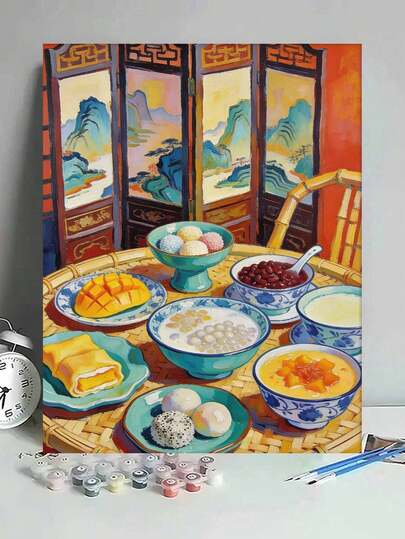 Traditional Chinese Dessert Still Life DIY Oil Painting By Numbers Canvas Painting Crafts Adult Home Decoration 40x50cm/16x20inch Holiday Gifts