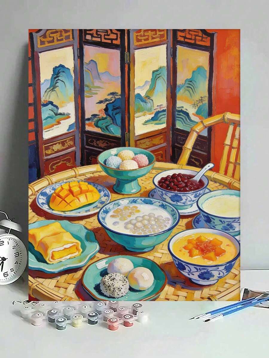 传统中式甜点静物 DIY 数字油画 画布绘画工艺品 成人家居装饰 40x50厘米/16x20英寸 节日礼物 - 40*50厘米 - 查看 1