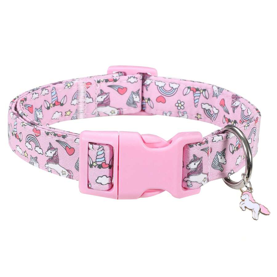 Adjustable Non-Slip Plastic Buckle Cute & Fashionable Durable Pink Rainbow Unicorn Pet Collar, Suitable For Small/Medium Dogs - Pink - View 1