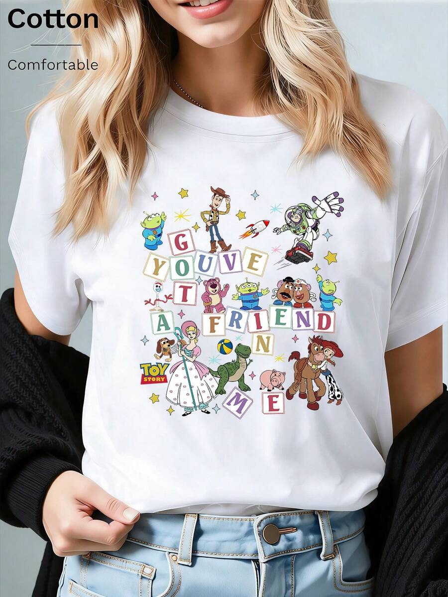 Disney Loose Fit Toy Story "YOU'VE GOT A FRIEND IN ME" Letter Character Printed T-Shirt, Suitable For Summer And Spring, Short Sleeved Tops, Women's Clothing, Holiday Gift Party Clothing. - 白色 - 查看 1