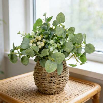 نبتة إكليل الجبل الاصطناعية المزروعة في أصيص - ديكور DIY | بطول تقريبي 9.8 بوصة بما في ذلك السلة المنسوجة | تناسب تماما طاولات جانبية من الخيزران في غرفة المعيشة، مناطق الراحة في الشرفة، وكذلك رفوف الكتب وحواف النوافذ وطاولات الطعام، بدون الحاجة لصيانة للحفاظ على جو طبيعي وطازج مستوحى من الغابة.