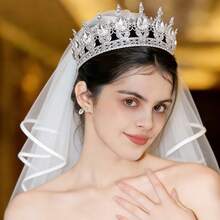 2pcs Bride Silver Crystal Crown & White Veil Set, Minimalist Full Circle Crown Double-Layer Veil Set For Wedding, Party, Event - White - View 1