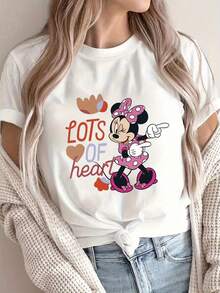 Disney Camiseta de algodón de cuello redondo con mangas sueltas de largo regular y estampado de Minnie Mouse para mujer - Blanco - Ver 1