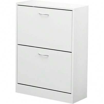 2 Drawer Shoe Storage Cabinet Wooden Freestanding Footwear Rack Unit For Hallway Or Entryway (White)