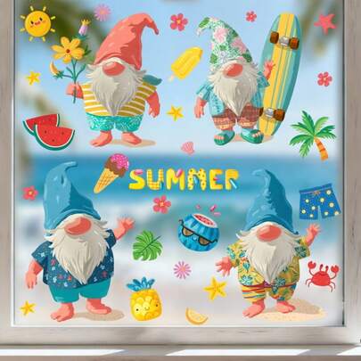 Autocollants pour fenêtre d'été convenant au verre, décalcomanies pour réfrigérateur - Autocollants PVC pour fenêtre avec motifs de gnome, fruits de plage, glace, fleurs et tenues de style plage, formes irrégulières pour la décoration de la maison, du bureau et des fêtes
